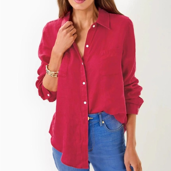 Lilly Pulitzer Tops - Linen Sea View Button-Up Shirt Lilly Pulitzer Cane Coral Sorbet Pink Malbec Red